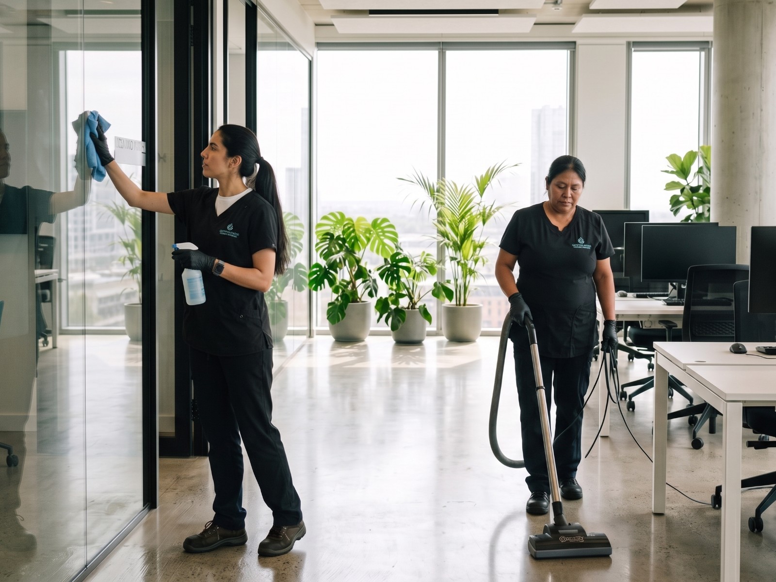 Germantown Cleaning Solutions team cleaning a modern office, wiping glass and vacuuming