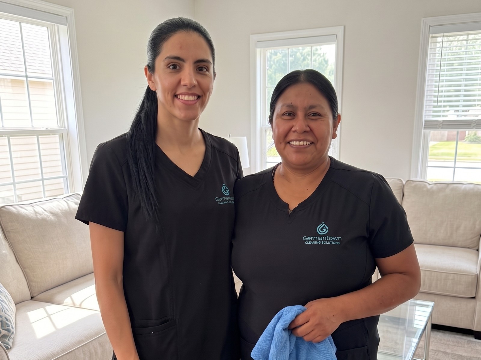 The Germantown Cleaning Solutions team smiling in a freshly cleaned living room